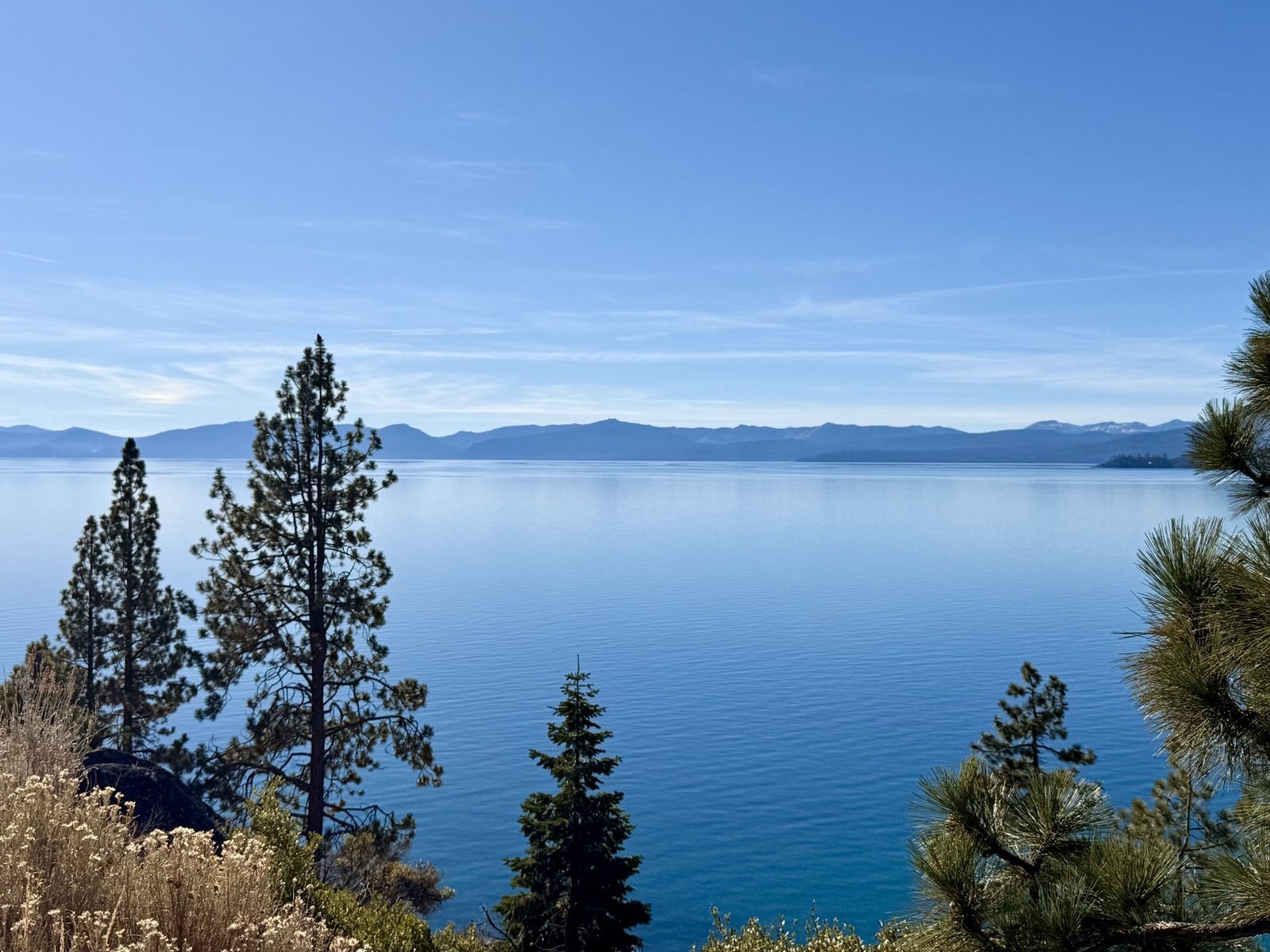 Lake Tahoe framed by pines, ridgelines in the distance.